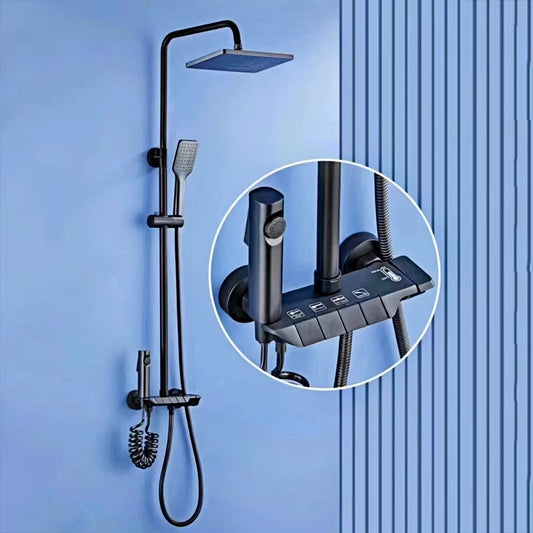 8-Inch Rain Shower Head Faucet Set – Matte Black Brass Shower System with Jet & Massage Spray | 4-Function Thermostatic Slide Bar