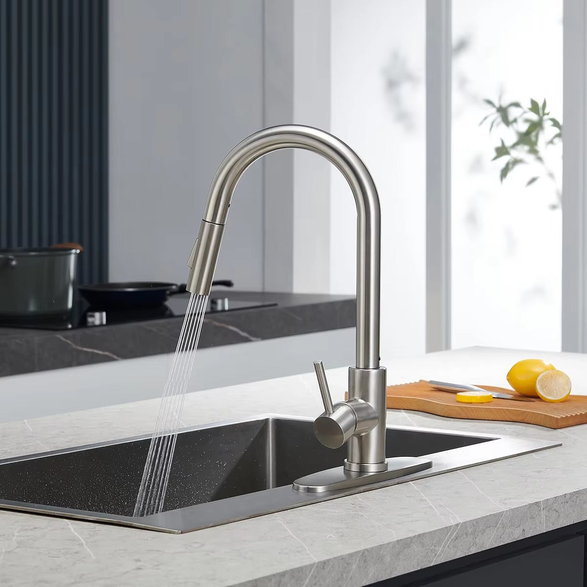 Brushed Nickel Kitchen Faucet with Pull-Down Sprayer – SUS304 Stainless Steel, 2 Spray Modes, 360° Rotating Sink Tap - image 5