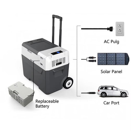 Tazeet 50L Car Refrigerator with Lithium Battery – Portable Truck Freezer Cooler with AC/DC Compressor | -20°C to +20°C, Telescopic Handle, USB Charging, Wheels – For Camping, Home, Travel