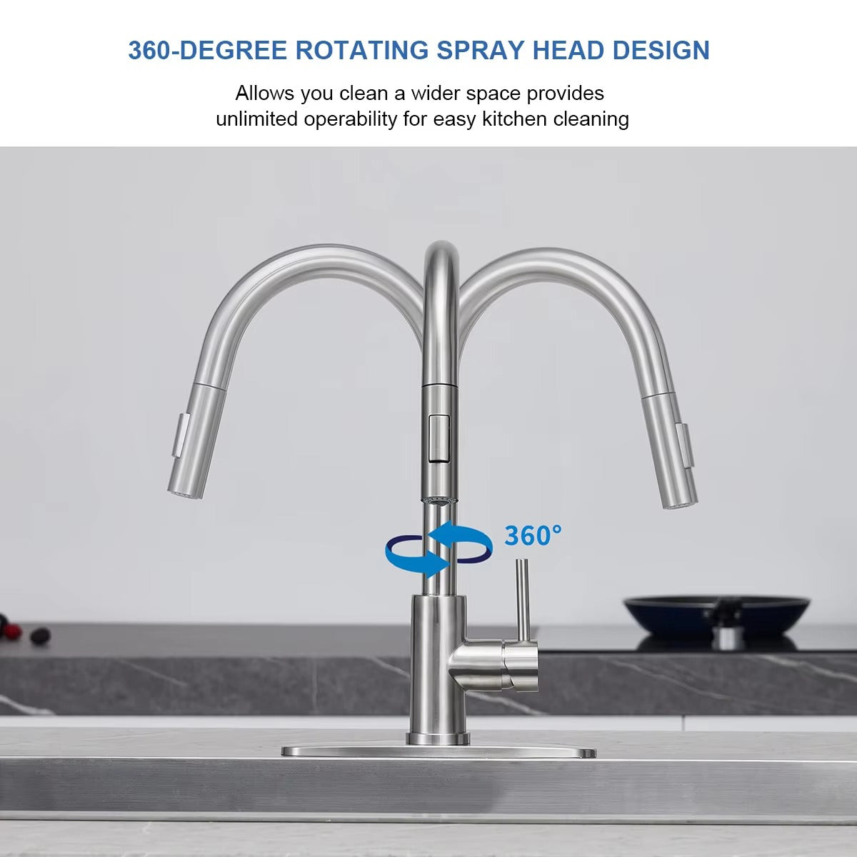 Brushed Nickel Kitchen Faucet with Pull-Down Sprayer – SUS304 Stainless Steel, 2 Spray Modes, 360° Rotating Sink Tap - image 6