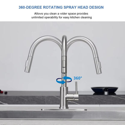 Brushed Nickel Kitchen Faucet with Pull-Down Sprayer – SUS304 Stainless Steel, 2 Spray Modes, 360° Rotating Sink Tap - image 6