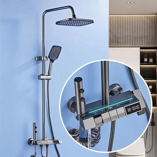 Luxury Thermostatic Shower Set with Digital Display – Gun Grey | High-Pressure Rainfall Shower System with Piano Button Control