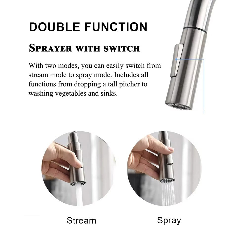 Brushed Nickel Kitchen Faucet with Pull-Down Sprayer – SUS304 Stainless Steel, 2 Spray Modes, 360° Rotating Sink Tap - image 3