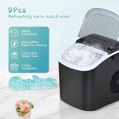 TAZEET Portable Ice Maker Machine – 12kg/24H, Self-Cleaning Countertop Ice Maker with Handle, Scoop & Basket – 9 Bullet Ice Cubes in 6 Mins – Ideal for Home, Office, Kitchen, Bar, Camping