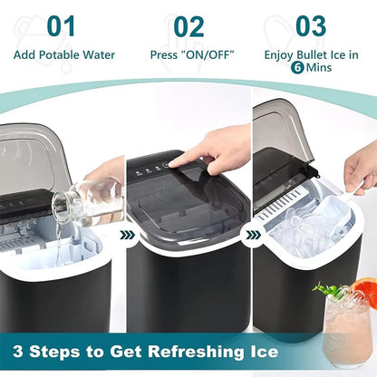 TAZEET Portable Ice Maker Machine – 12kg/24H, Self-Cleaning Countertop Ice Maker with Handle, Scoop & Basket – 9 Bullet Ice Cubes in 6 Mins – Ideal for Home, Office, Kitchen, Bar, Camping