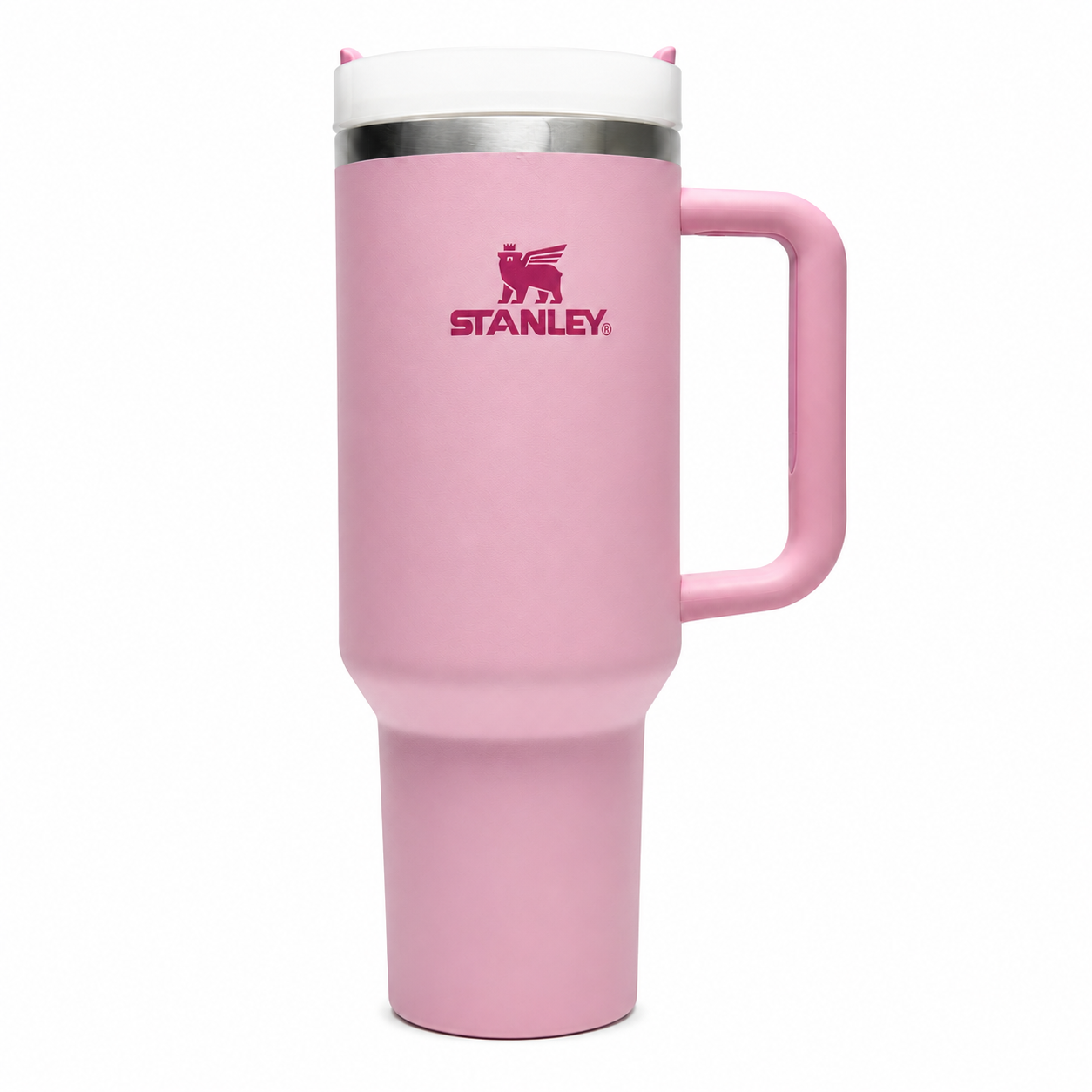 Stanley Quencher H2.0 tumbler in pink, side view with handle and straw