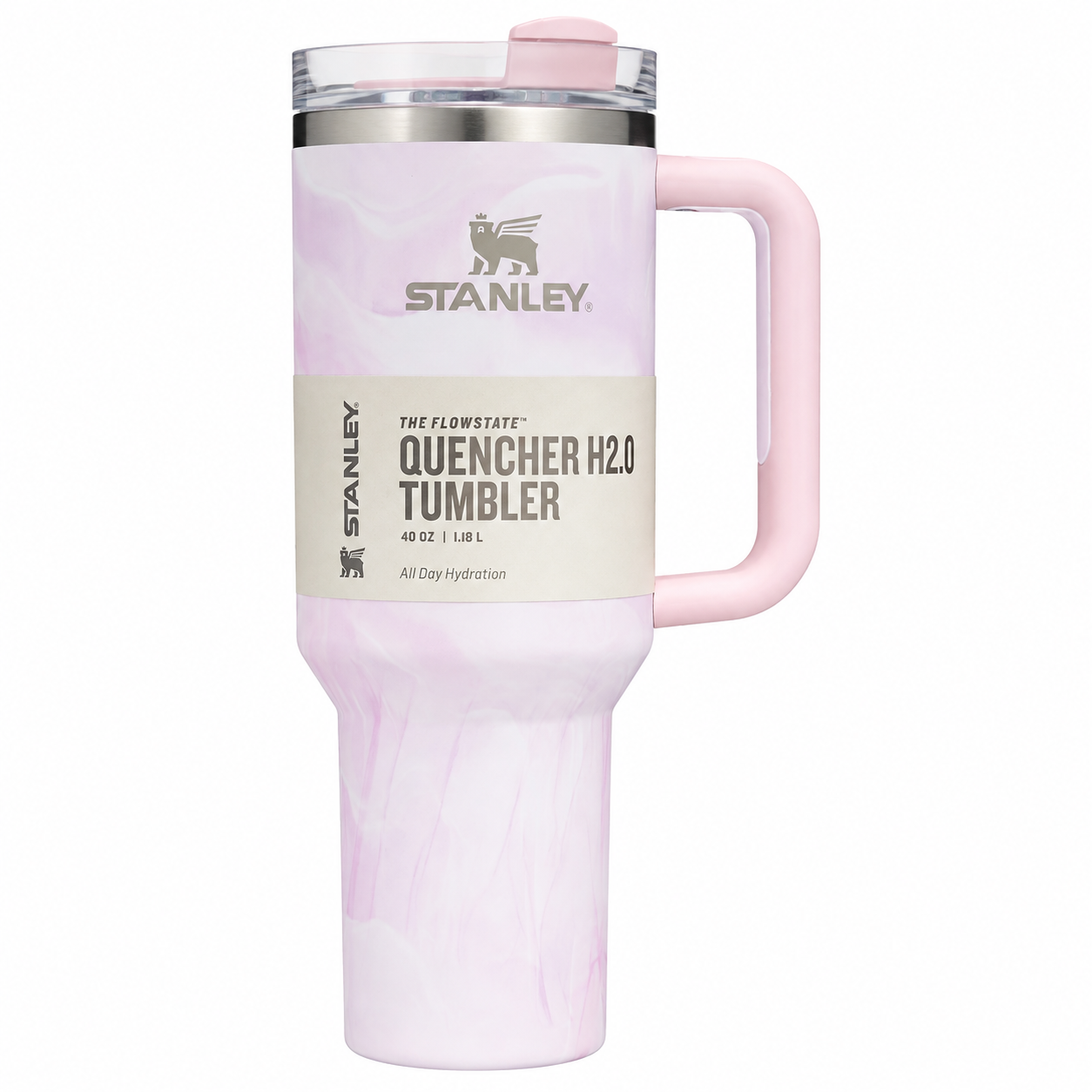 Stanley Quencher H2.0 FlowState tumbler 40 oz in Pink Marble Swirl, stainless steel with handle and straw