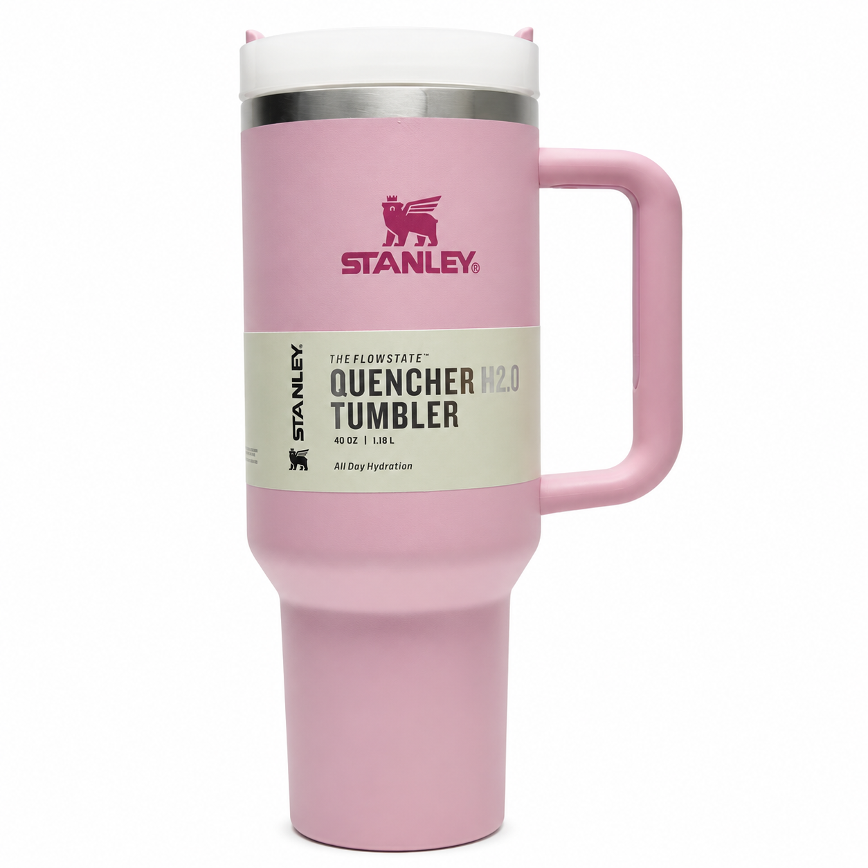 Stanley Quencher H2.0 tumbler in pink, stainless steel with handle and straw