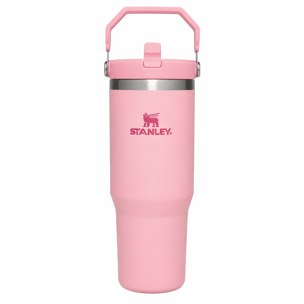 Stanley IceFlow Flip Straw Tumbler 30 oz in pink, stainless steel with flip-up straw and handle