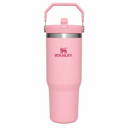Stanley IceFlow Flip Straw Tumbler 30 oz in pink, stainless steel with flip-up straw and handle