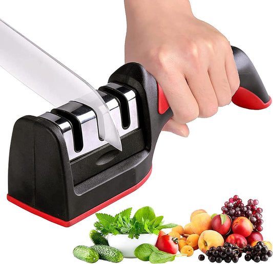 Premium Kitchen Knife Sharpener - 3 - Stage Sharpening and Polishing for Straight Knives - Perfect for Household and Chef's Choice - Tazeet.com