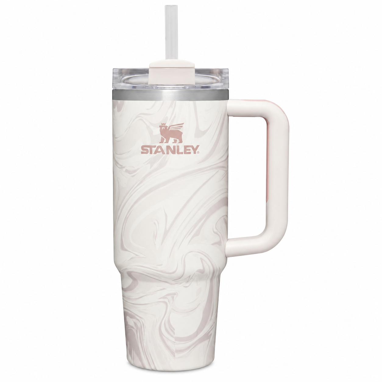 Stanley Quencher H2.0 FlowState tumbler 40 oz in Rose Quartz Swirl, stainless steel with handle and straw