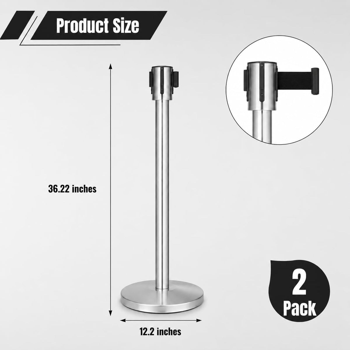 Retractable Queue Barrier Stanchion – 2M Black Belt Crowd Control Post