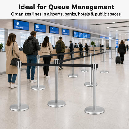 Retractable Queue Barrier Stanchion – 2M Black Belt Crowd Control Post