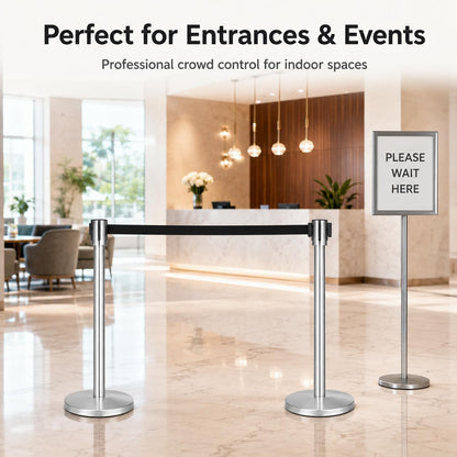 Retractable Queue Barrier Stanchion – 2M Black Belt Crowd Control Post