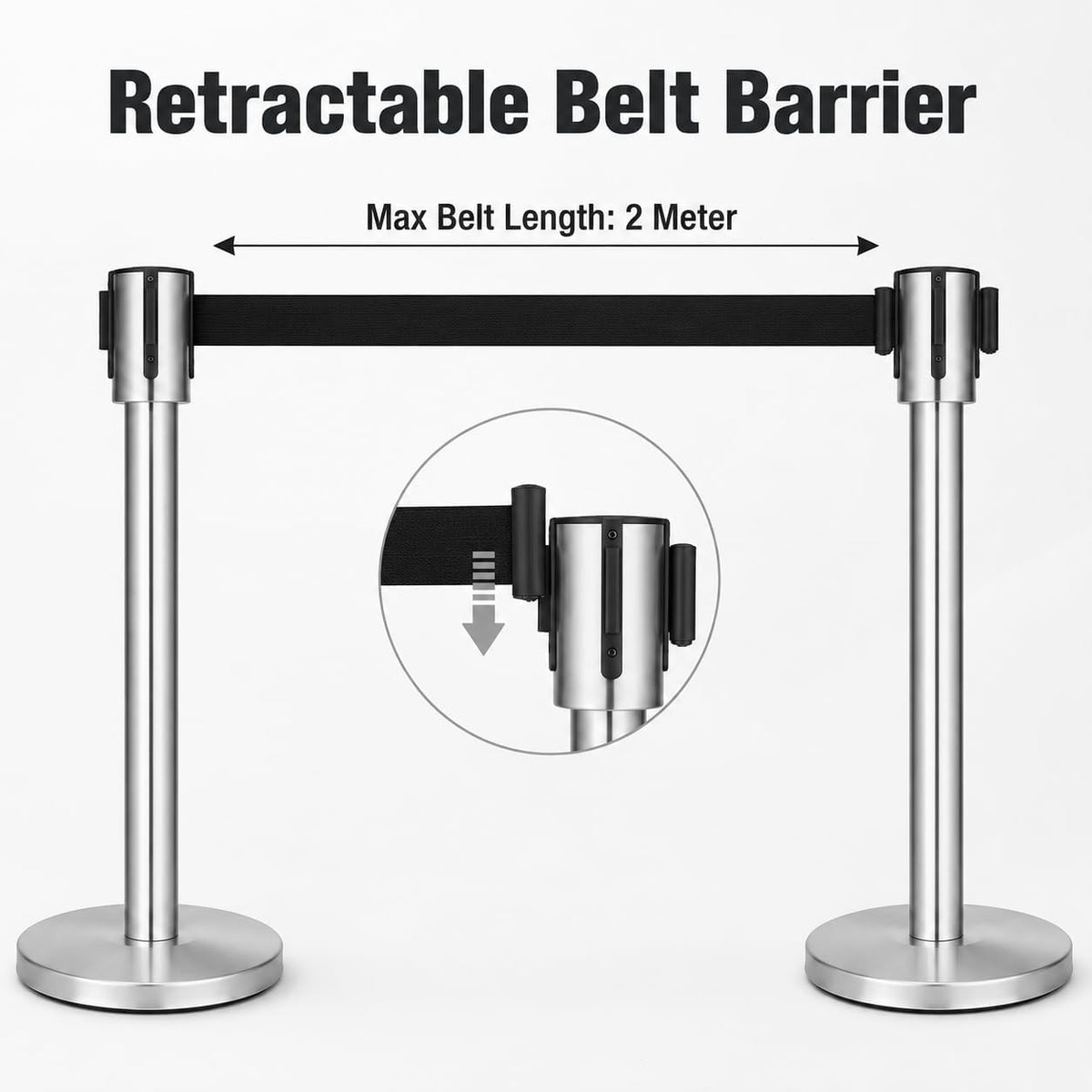 Retractable Queue Barrier Stanchion – 2M Black Belt Crowd Control Post