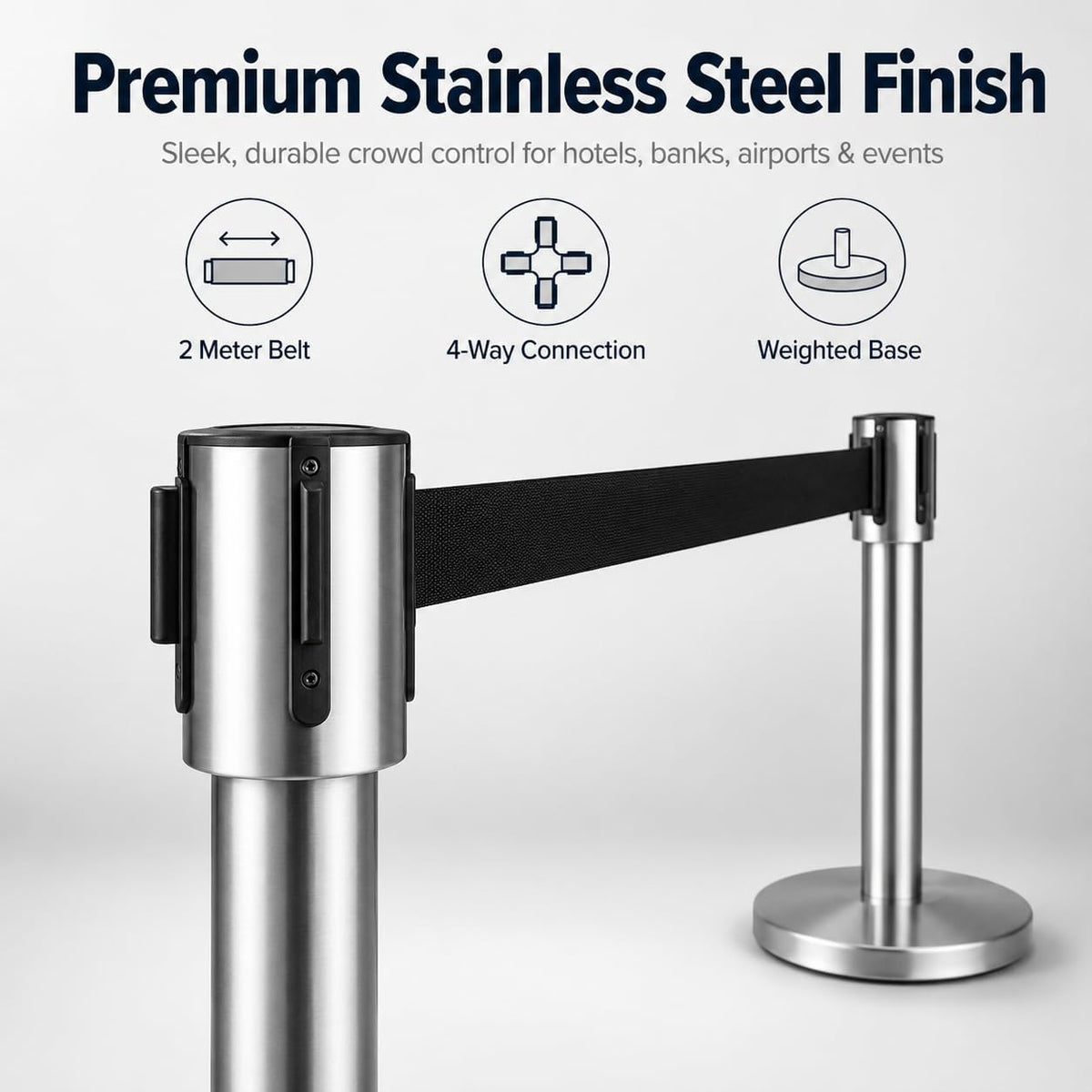 Retractable Queue Barrier Stanchion – 2M Black Belt Crowd Control Post