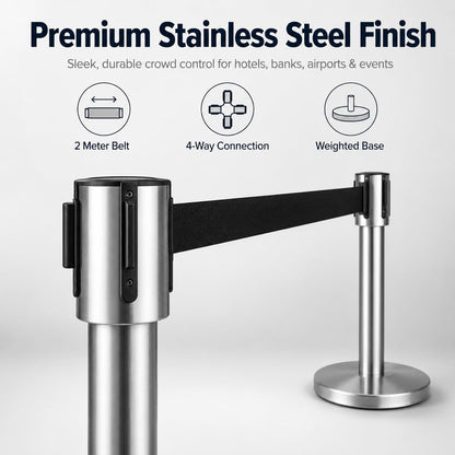 Retractable Queue Barrier Stanchion – 2M Black Belt Crowd Control Post