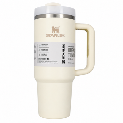 Stanley Quencher H2.0 tumbler in cream, stainless steel with handle and straw