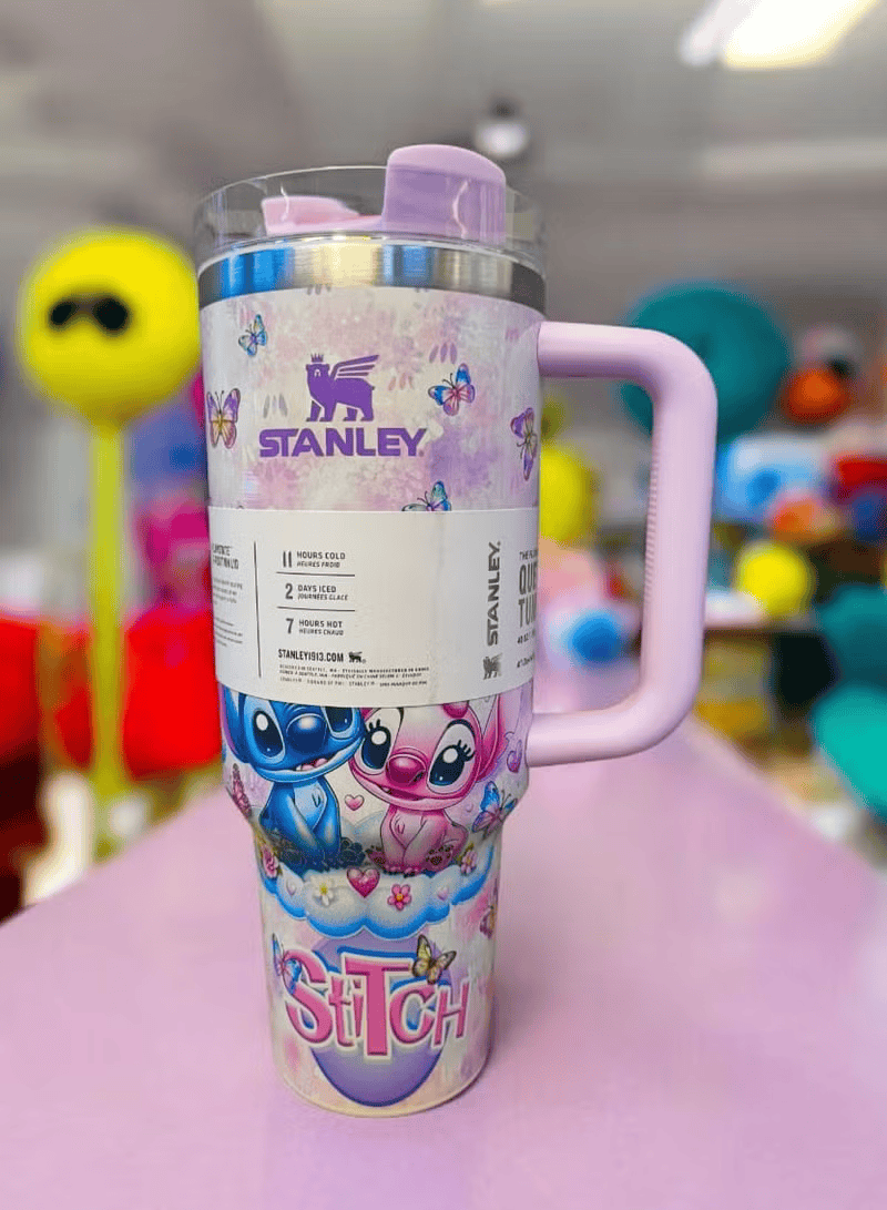 Stanley Quencher H2.0 FlowState tumbler 40 oz in Stitch design, stainless steel with handle and straw