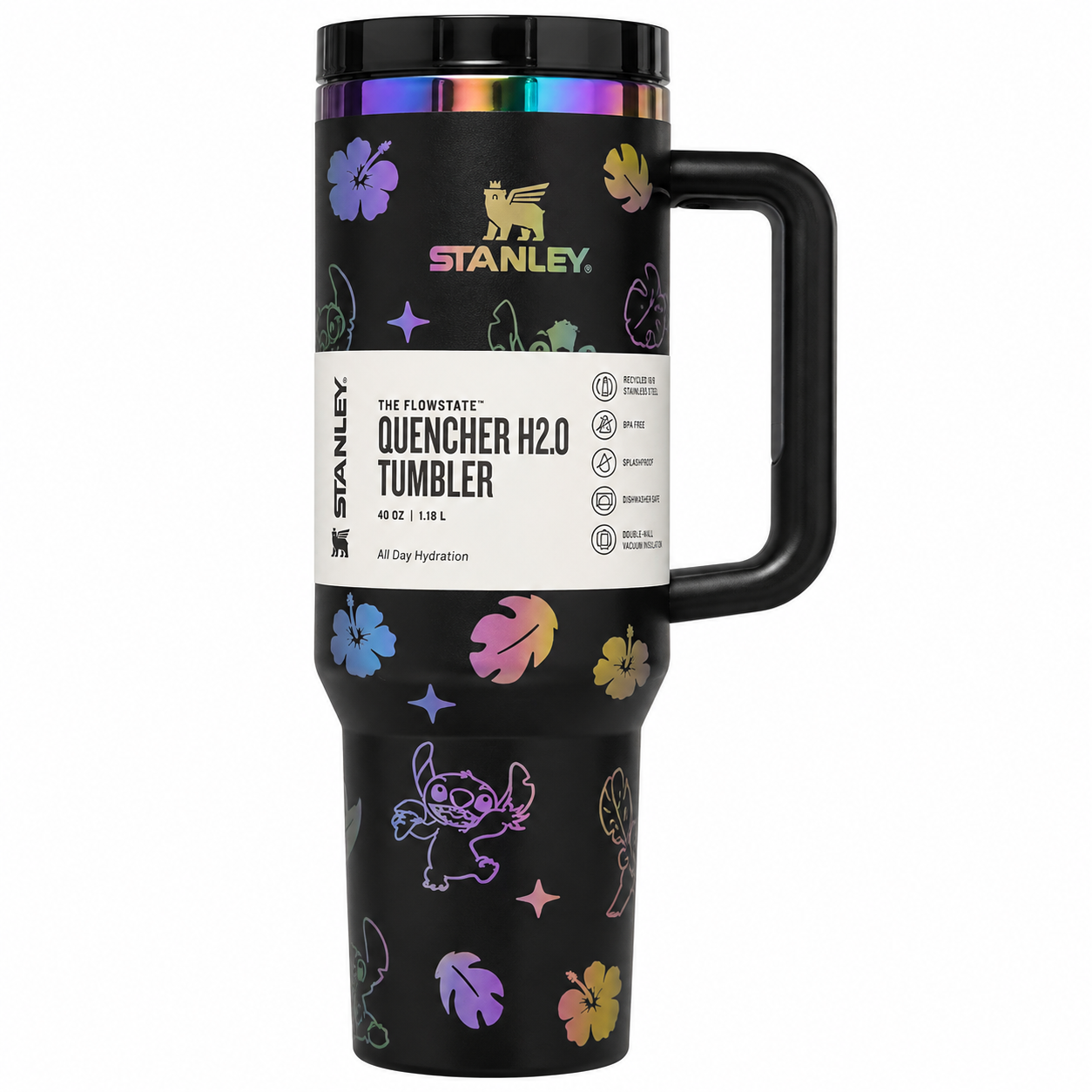 Stanley Quencher H2.0 FlowState tumbler 40 oz in Stitch black, stainless steel with handle and straw