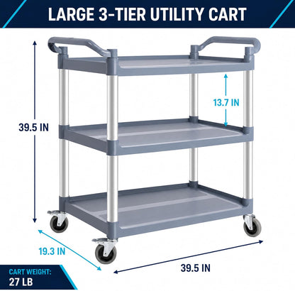 TAZEET gray three-tier commercial rolling utility cart — gallery view 2
