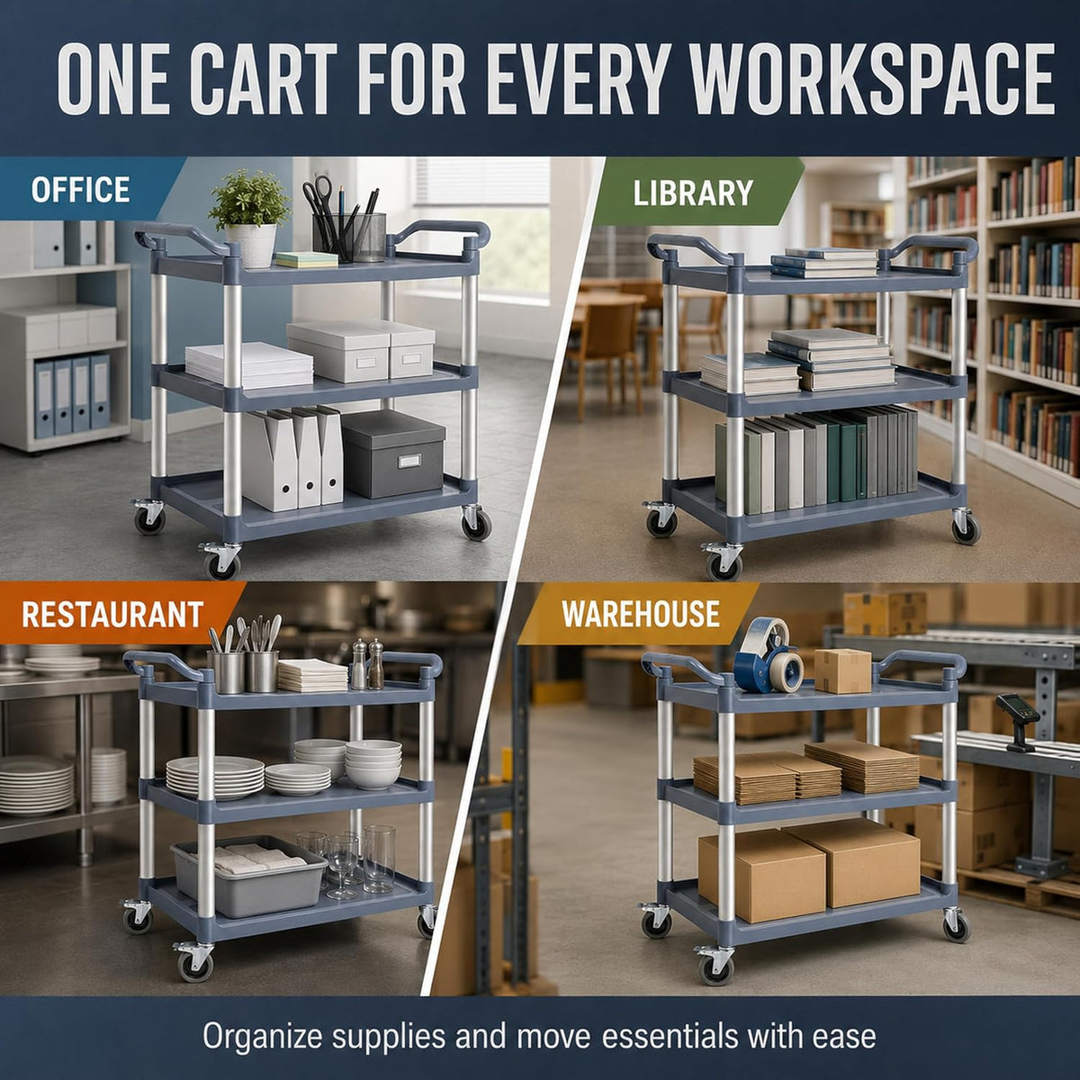 TAZEET gray three-tier commercial rolling utility cart — gallery view 3