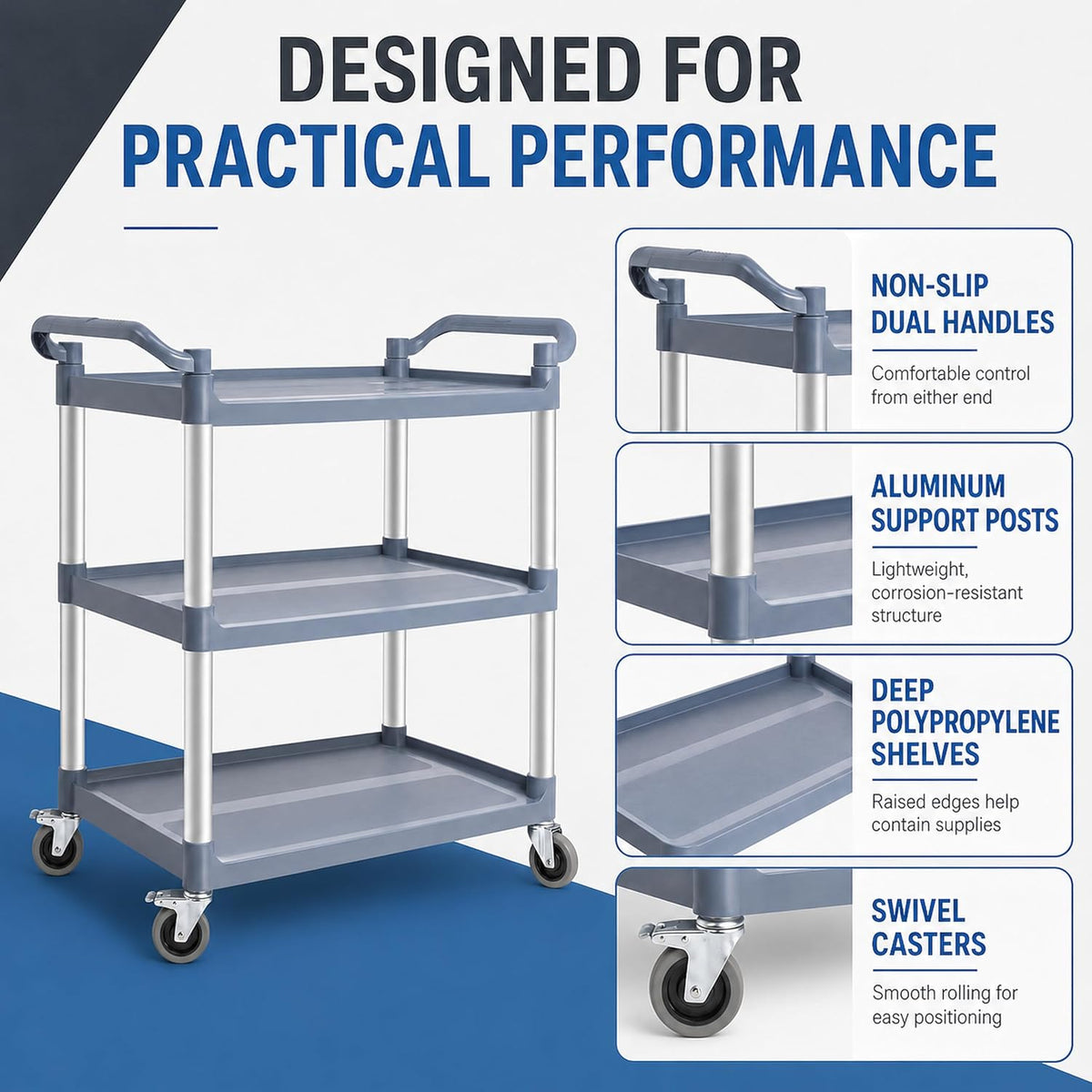 TAZEET gray three-tier commercial rolling utility cart — gallery view 4