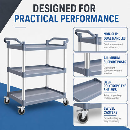 TAZEET gray three-tier commercial rolling utility cart — gallery view 4