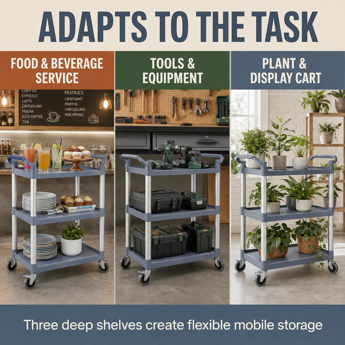 TAZEET gray three-tier commercial rolling utility cart — gallery view 6