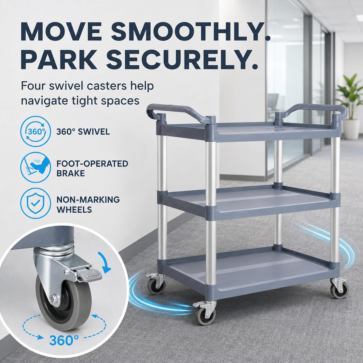 TAZEET gray three-tier commercial rolling utility cart — gallery view 7