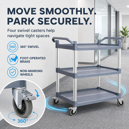 TAZEET gray three-tier commercial rolling utility cart — gallery view 7