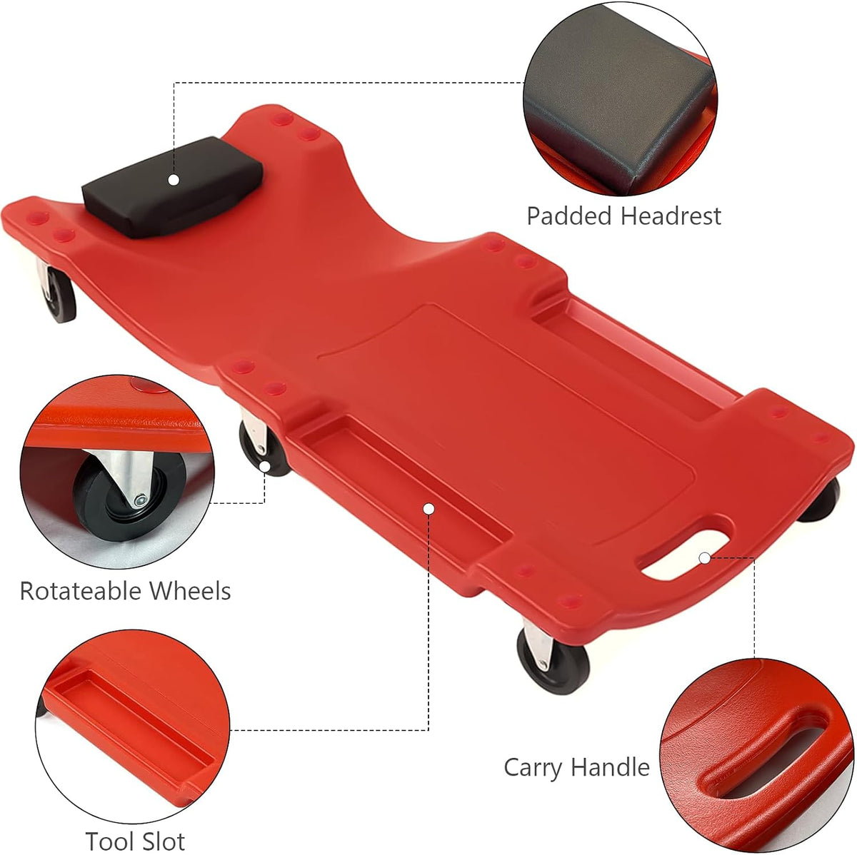 TAZEET red 40-inch mechanic creeper board with padded headrest — gallery view 2