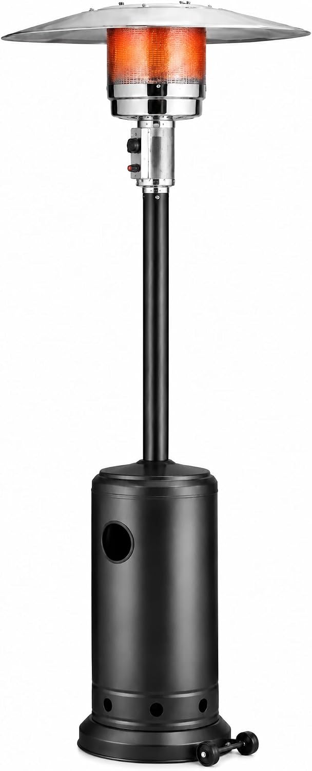 Black 87-inch gas patio heater with wide reflector