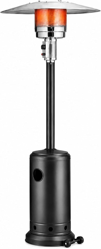 Black 87-inch gas patio heater with wide reflector