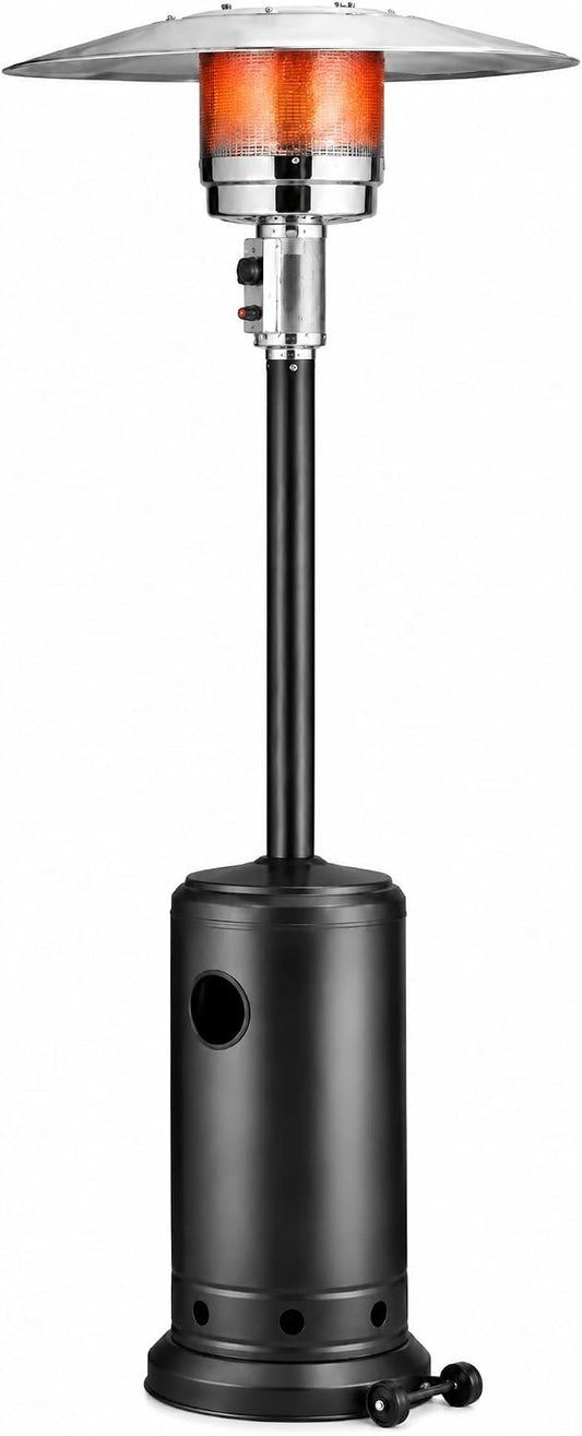 Black 87-inch gas patio heater with wide reflector