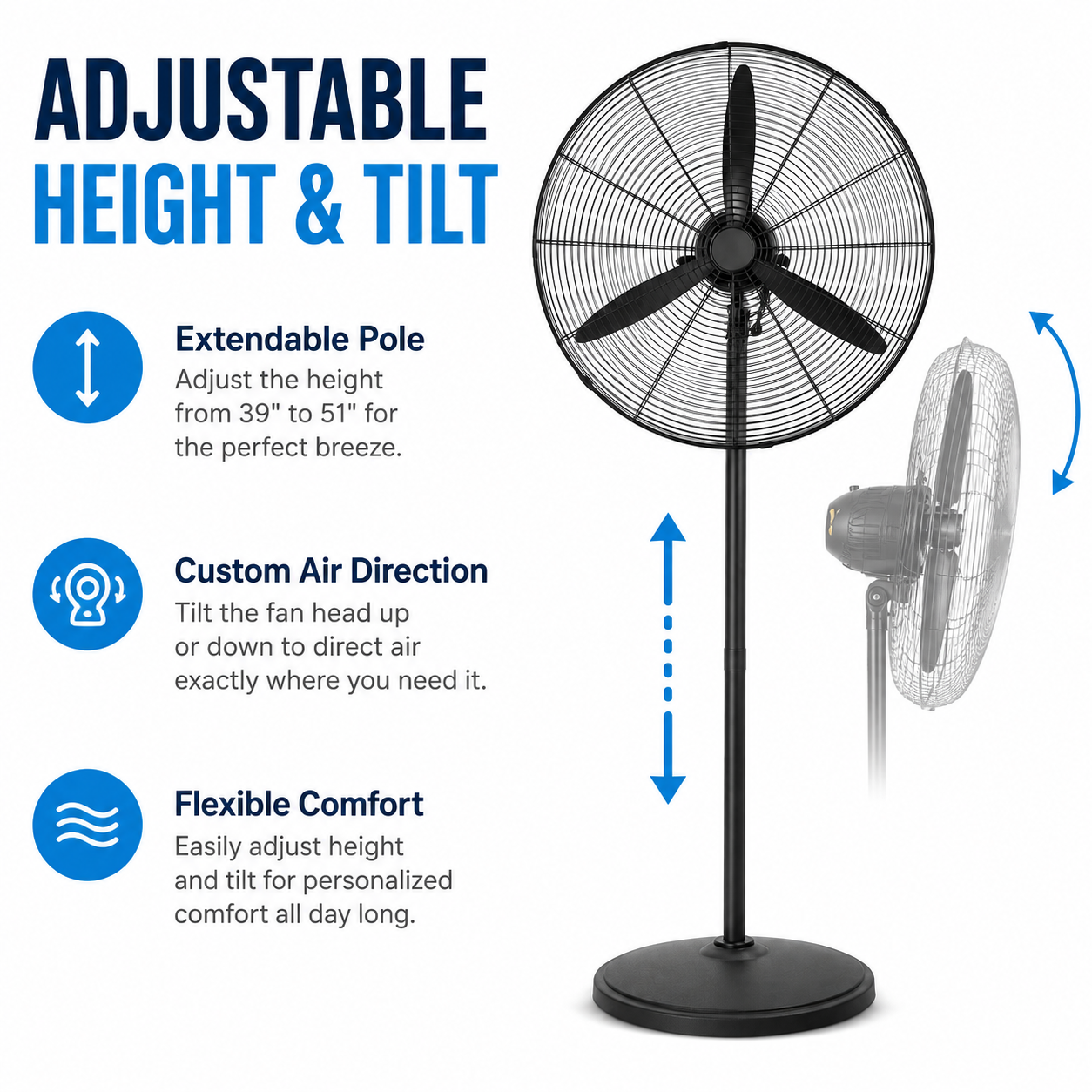 TAZEET pedestal fan with adjustable tilt for directed airflow