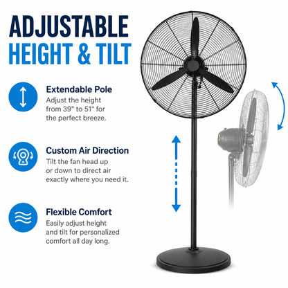 TAZEET pedestal fan with adjustable tilt for directed airflow