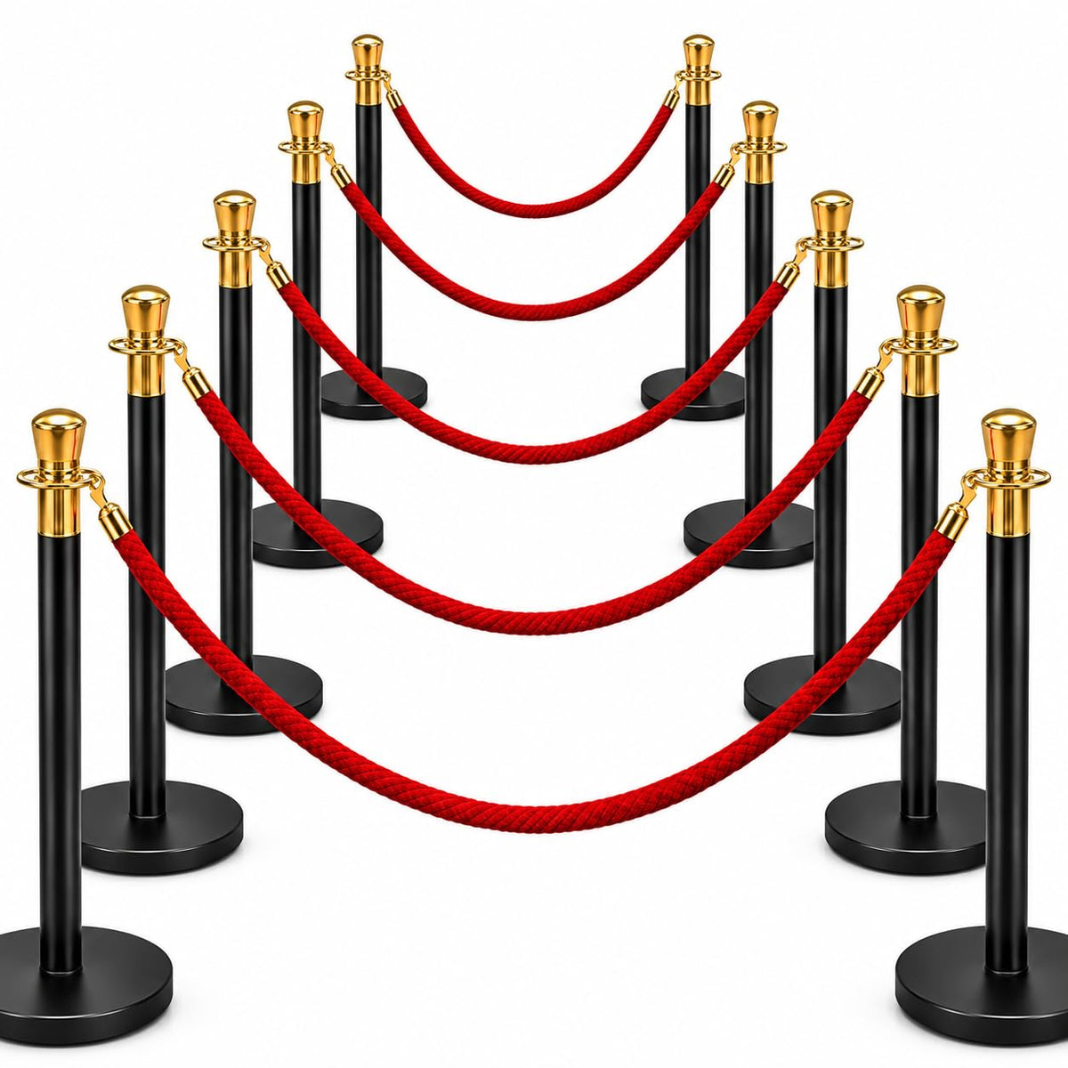 10-post black queue barrier set with red velvet ropes