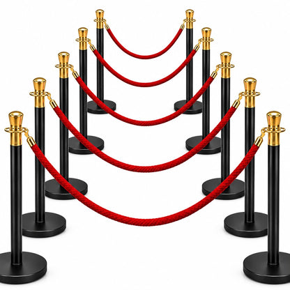 10-post black queue barrier set with red velvet ropes