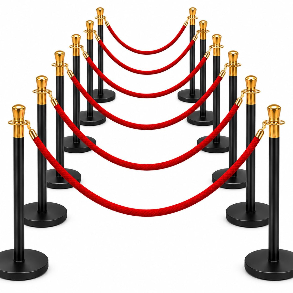 12-post black queue barrier set with red velvet ropes