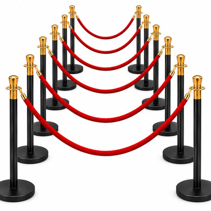 12-post black queue barrier set with red velvet ropes