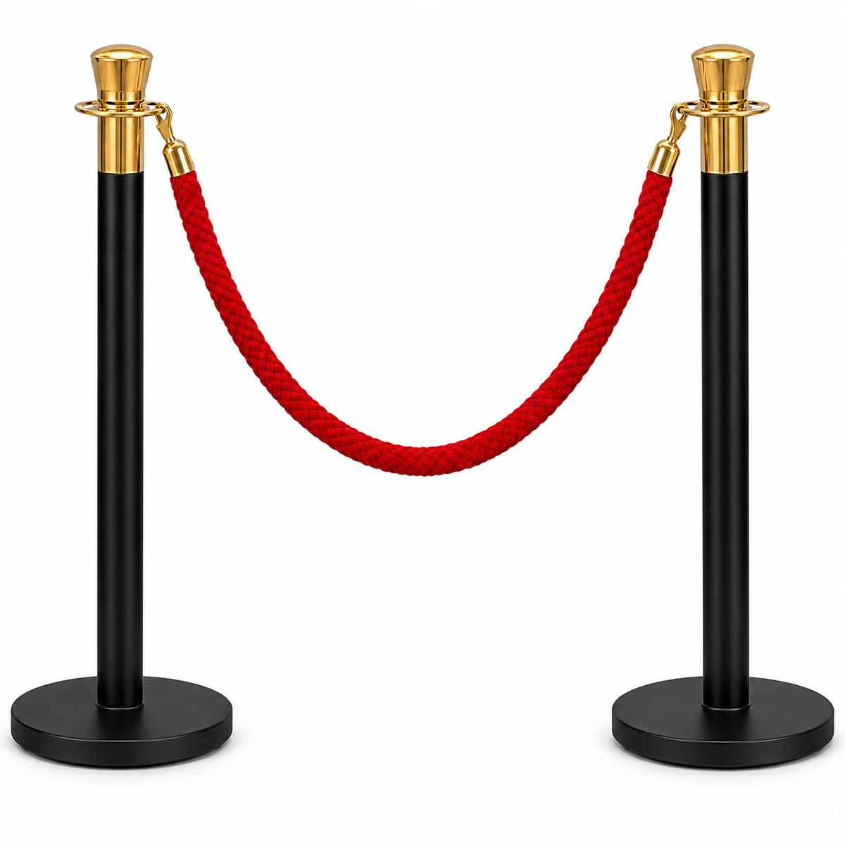 2-post black queue barrier set with red velvet rope