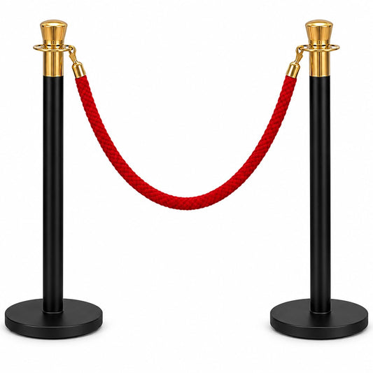 2-post black queue barrier set with red velvet rope
