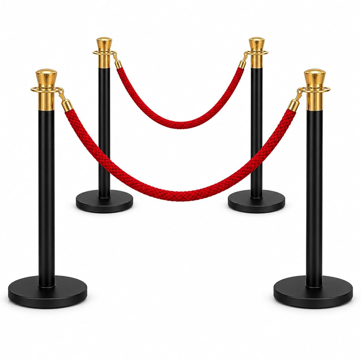 4-post black queue barrier set with red velvet ropes