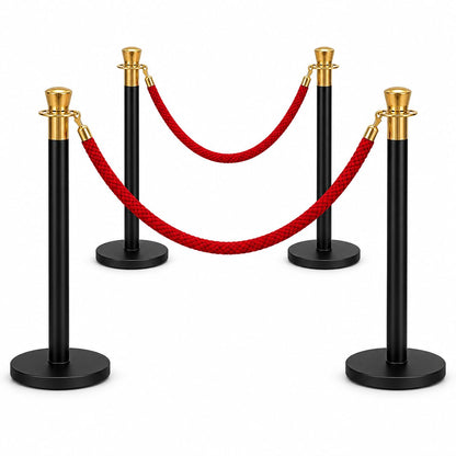 4-post black queue barrier set with red velvet ropes