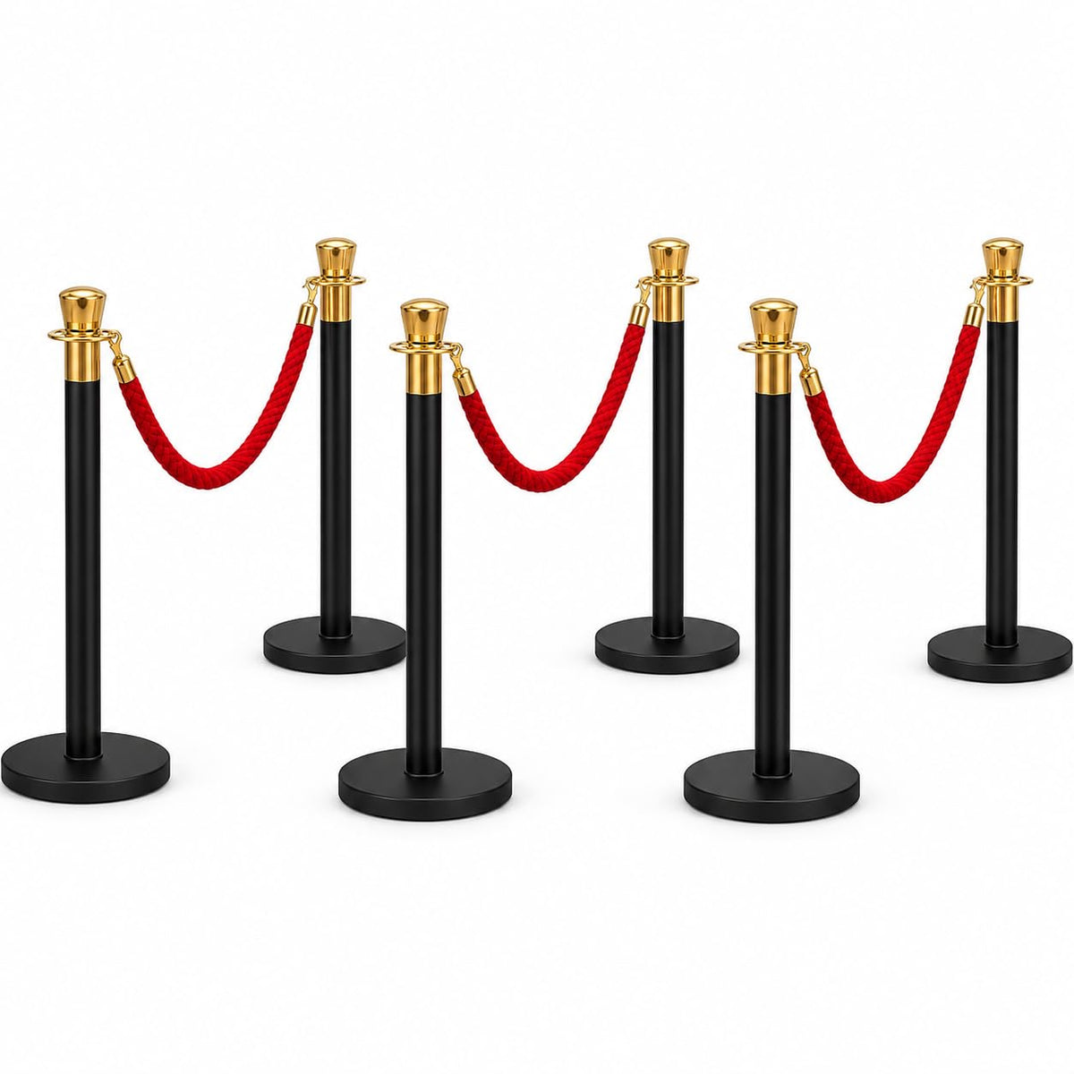6-post black queue barrier set with red velvet ropes