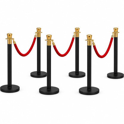 6-post black queue barrier set with red velvet ropes