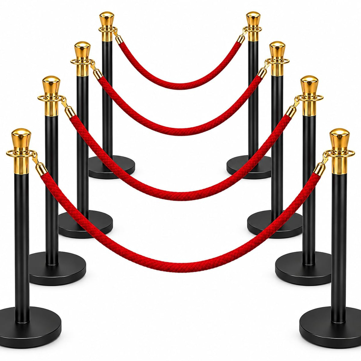 8-post black queue barrier set with red velvet ropes