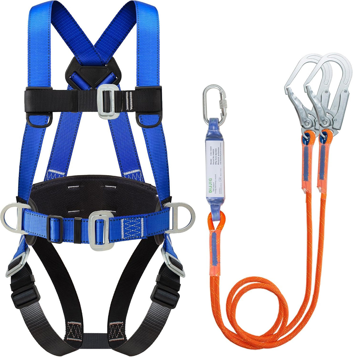 Blue full-body safety harness with lanyard